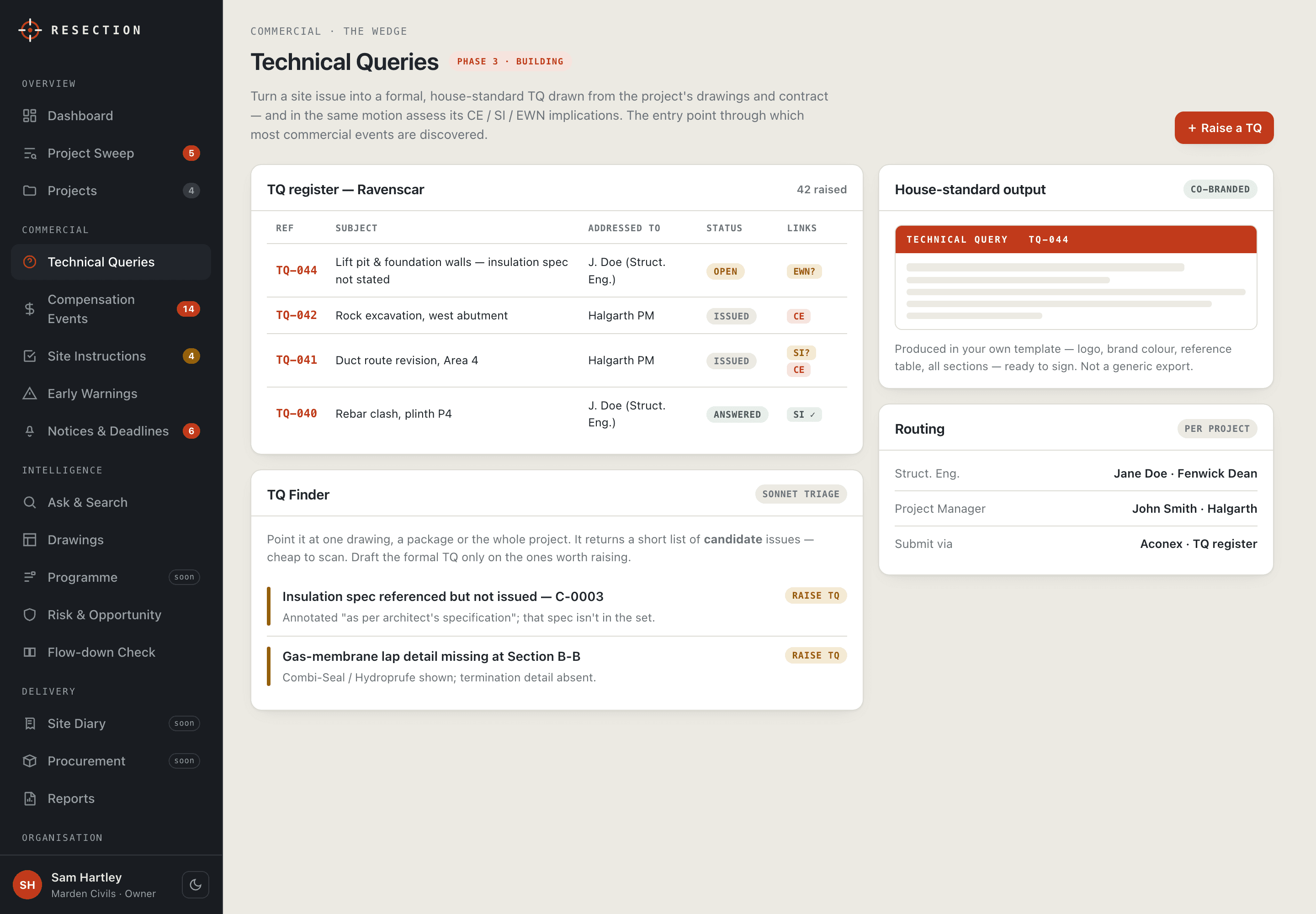 Technical Queries in Resection: a TQ register with references, subjects and status, a house-standard co-branded TQ output ready to sign, per-project routing, and TQ Finder proposing candidate issues from the drawings.